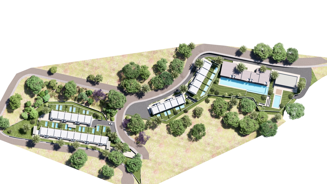 Een uitgebreid masterplan dat de doordachte indeling van het project, de groene zones en gemeenschappelijke ruimtes illustreert.