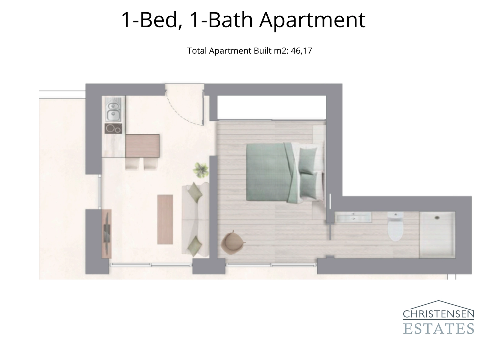 Deze indeling van een appartement met één slaapkamer is ontworpen voor modern comfort en efficiëntie, perfect voor individuen of stellen.
