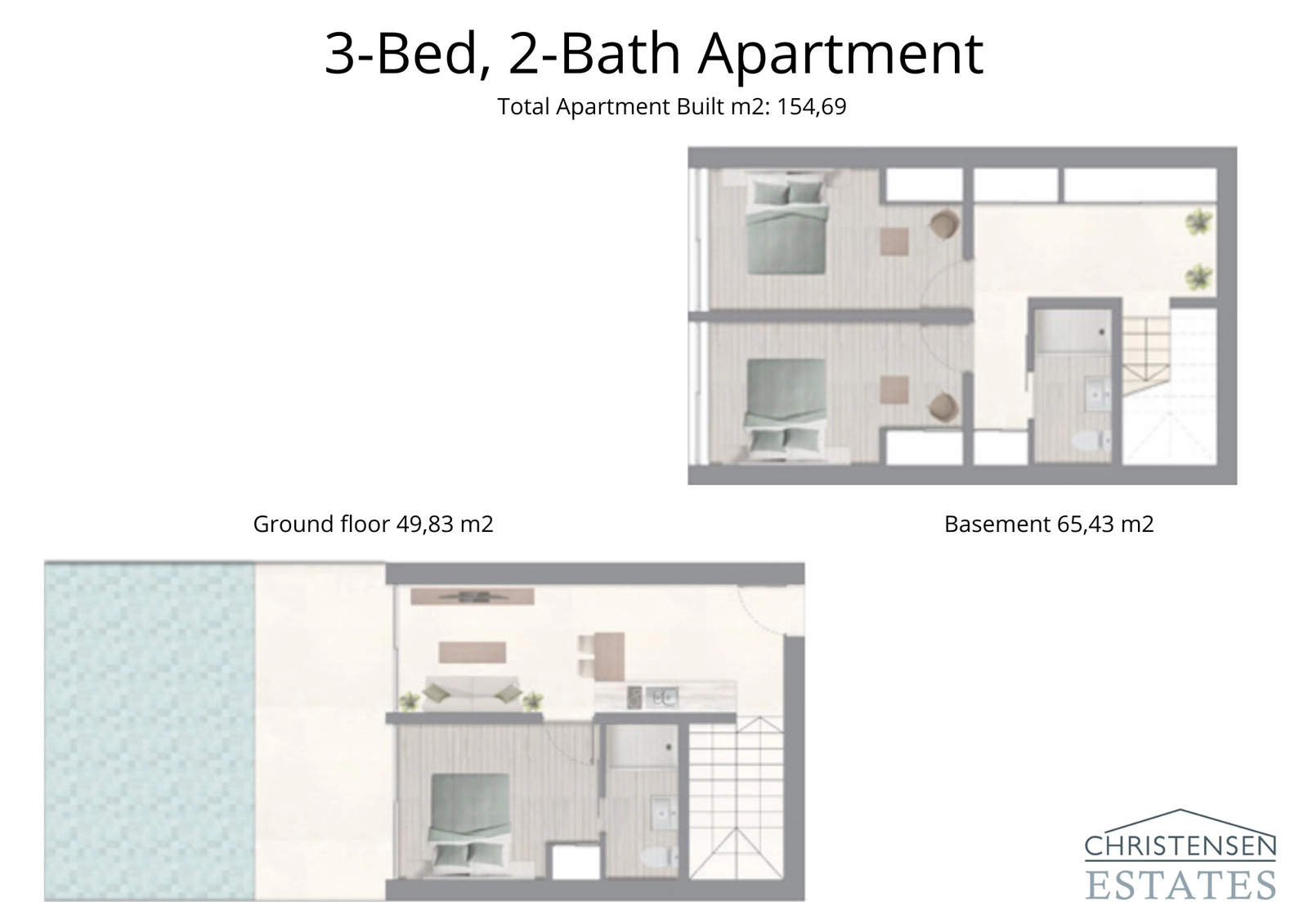 Een duplex appartement met drie slaapkamers en directe toegang tot het gemeenschappelijke zwembad via het terras, ideaal voor gezinnen.