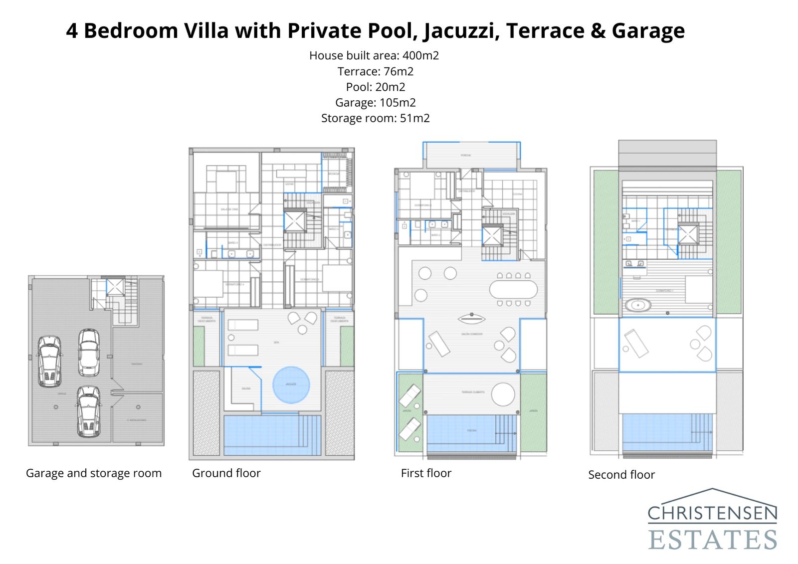 Indeling van de prachtige 400 m² grote villa met vier slaapkamers, met het ruime ontwerp met meerdere niveaus, garage, privézwembad en uitgestrekte terrassen.