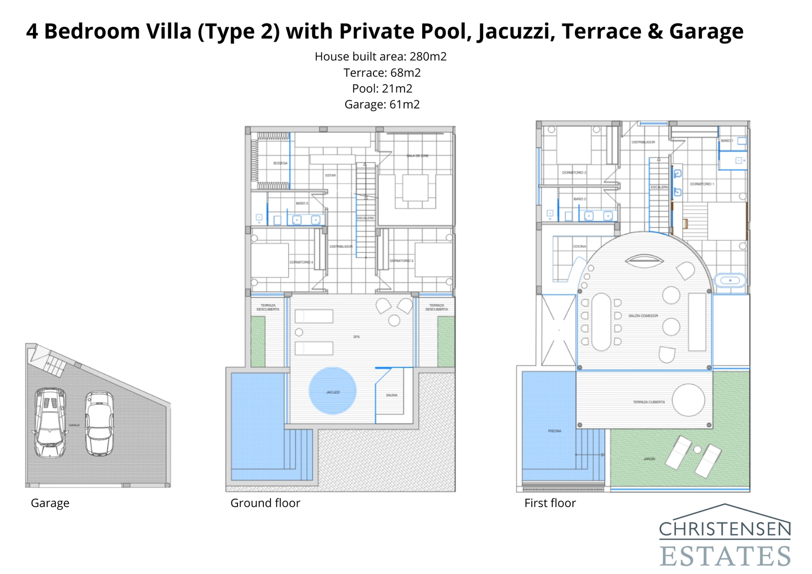 Plattegrond voor een 280 m² grote villa met vier slaapkamers, met gedetailleerde intelligente ruimteverdeling over twee verdiepingen om comfort en uitzicht te maximaliseren.