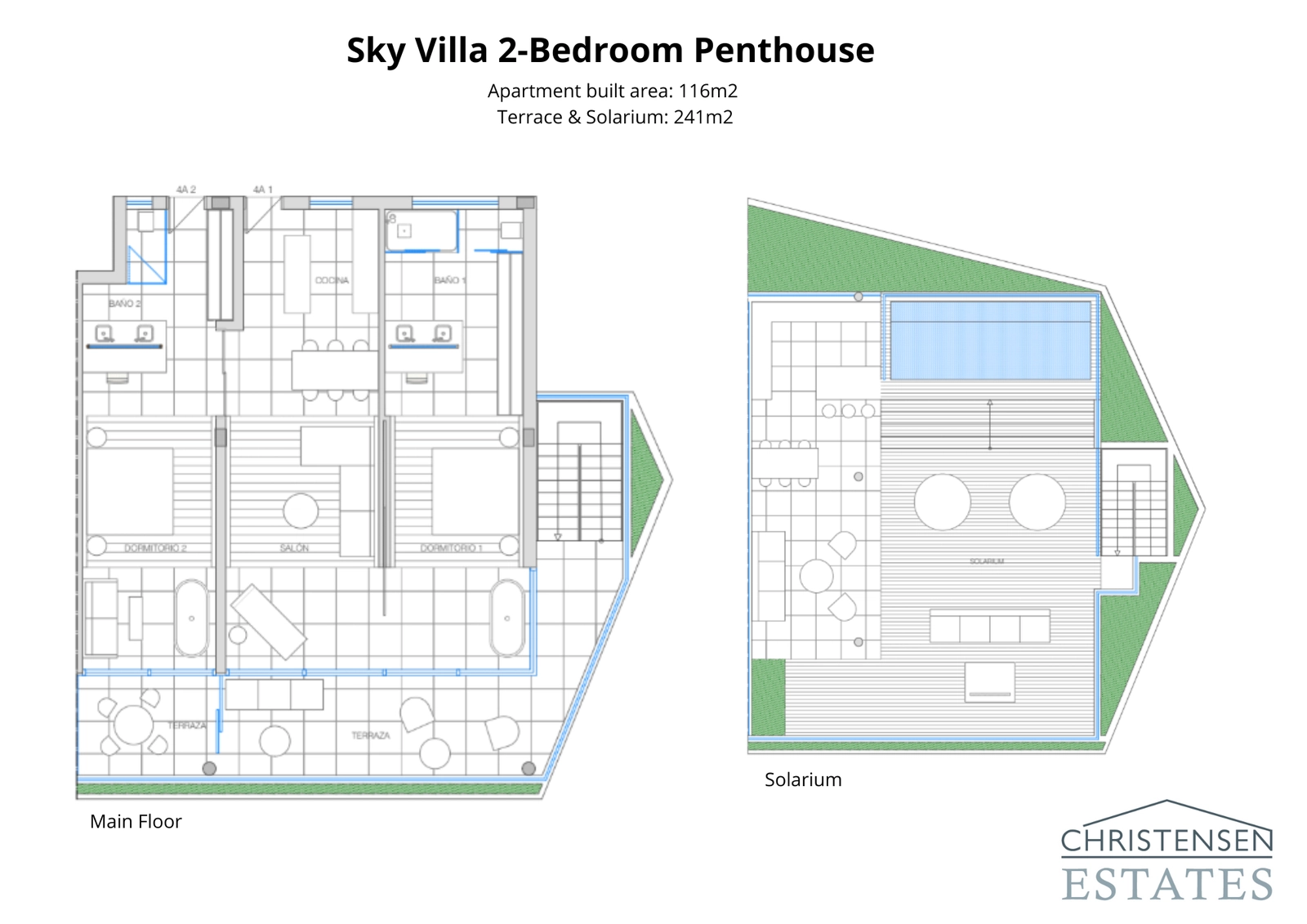 Ontdek de indeling van de Sky Villa, een penthouse met twee slaapkamers met een royale hoofdverdieping en een spectaculair privé solarium met zwembad.