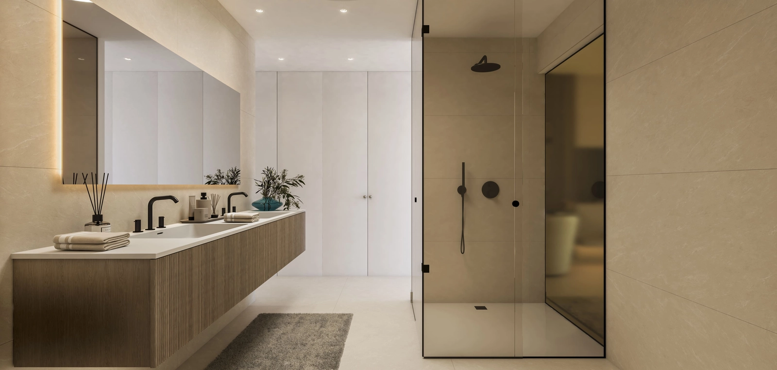 Elegante en eigentijdse badkamers, ontworpen met hoogwaardige materialen en afwerkingen voor een spa-achtige ervaring.