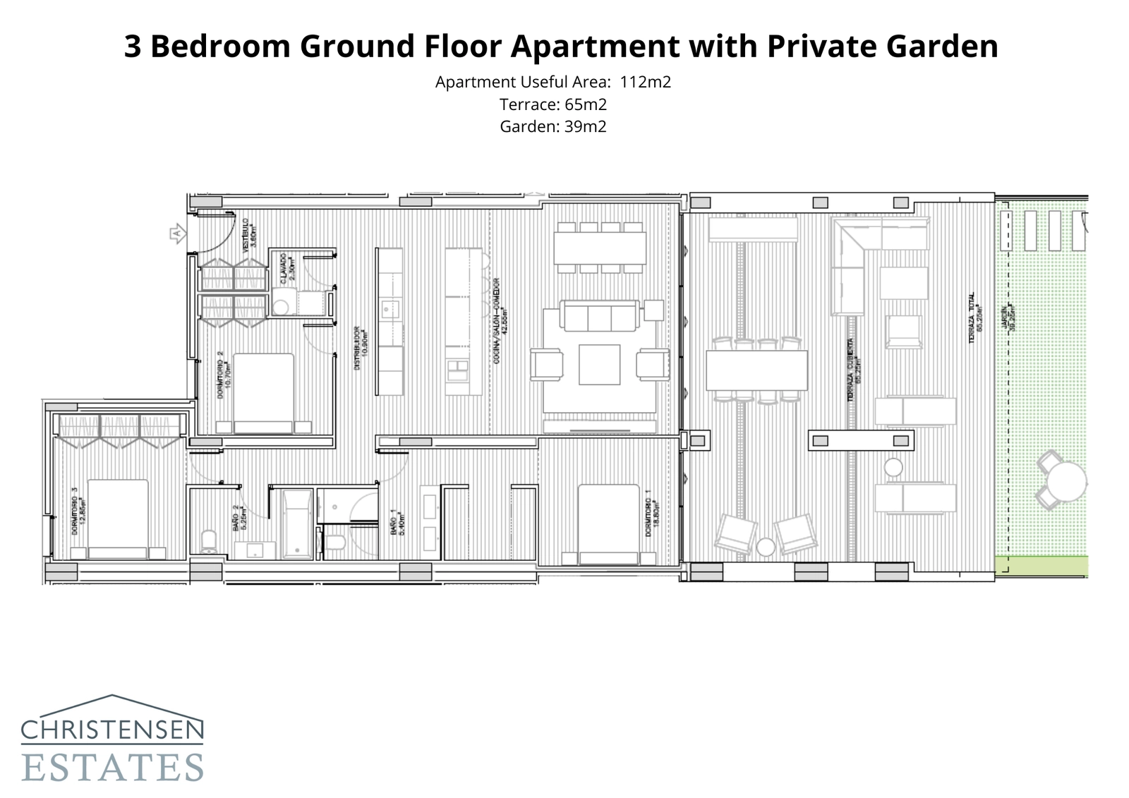 Indeling voor een begane grond woning met drie slaapkamers, die de verbinding toont tussen ruime interieurs en een royale privétuin.