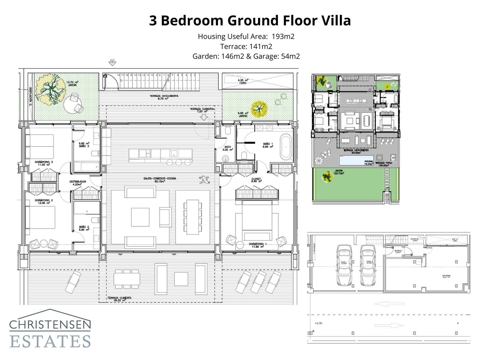 De plattegrond voor een exclusieve villa met drie slaapkamers, met gedetailleerde weergave van de ruime woonruimtes, privézwembad, tuin en ondergrondse garage.