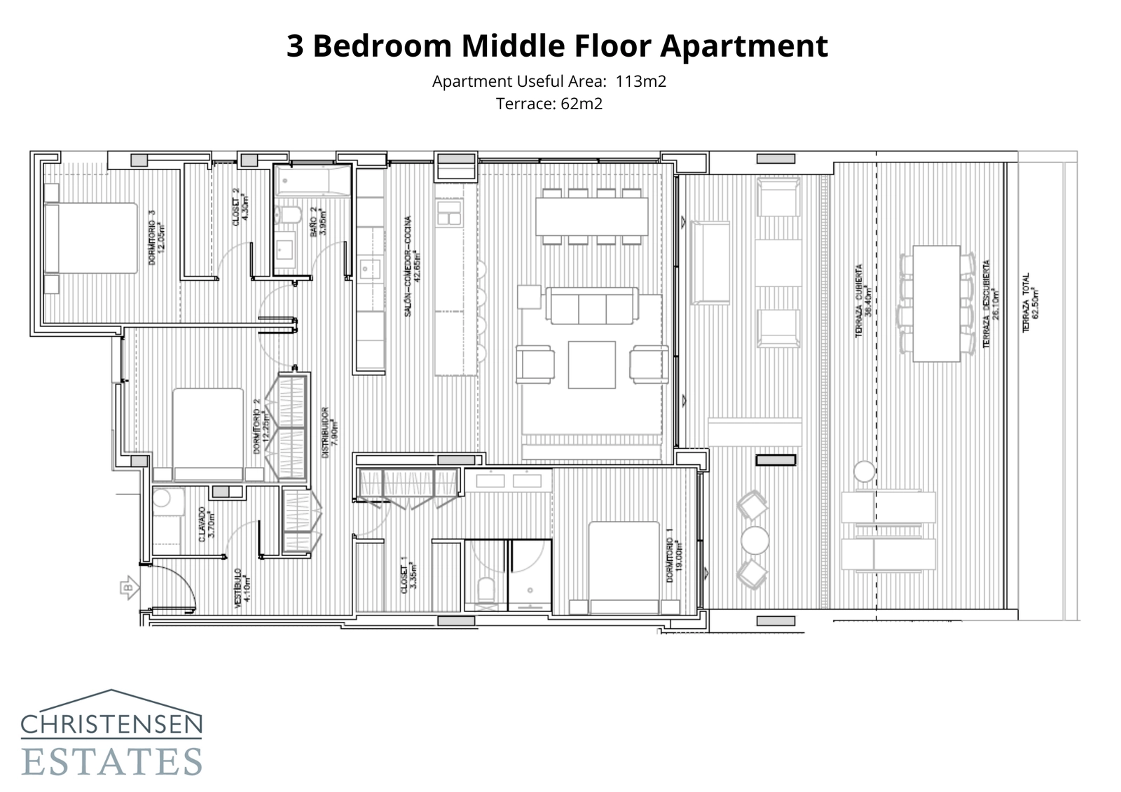 Deze plattegrond van een appartement met drie slaapkamers benadrukt een intelligente indeling die ruimte, licht en het adembenemende uitzicht op zee vanaf het terras maximaliseert.