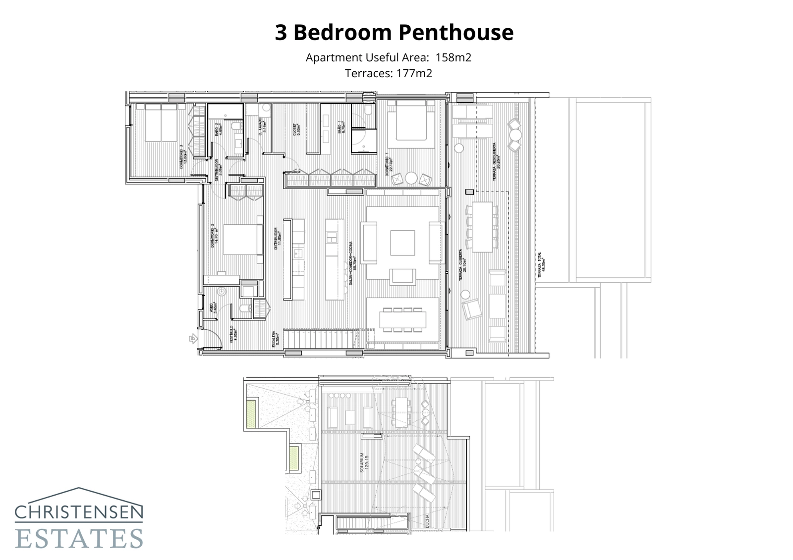 Ontdek het uitzonderlijke ontwerp van een penthouse met drie slaapkamers, compleet met een enorm dakterras/solarium voor een ongeëvenaarde levensstijl.
