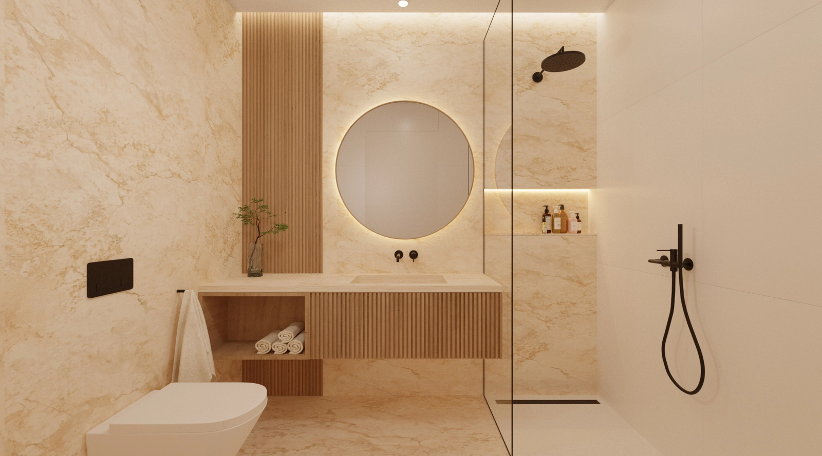 Een luxe badkamer die natuurlijke texturen combineert met moderne armaturen.