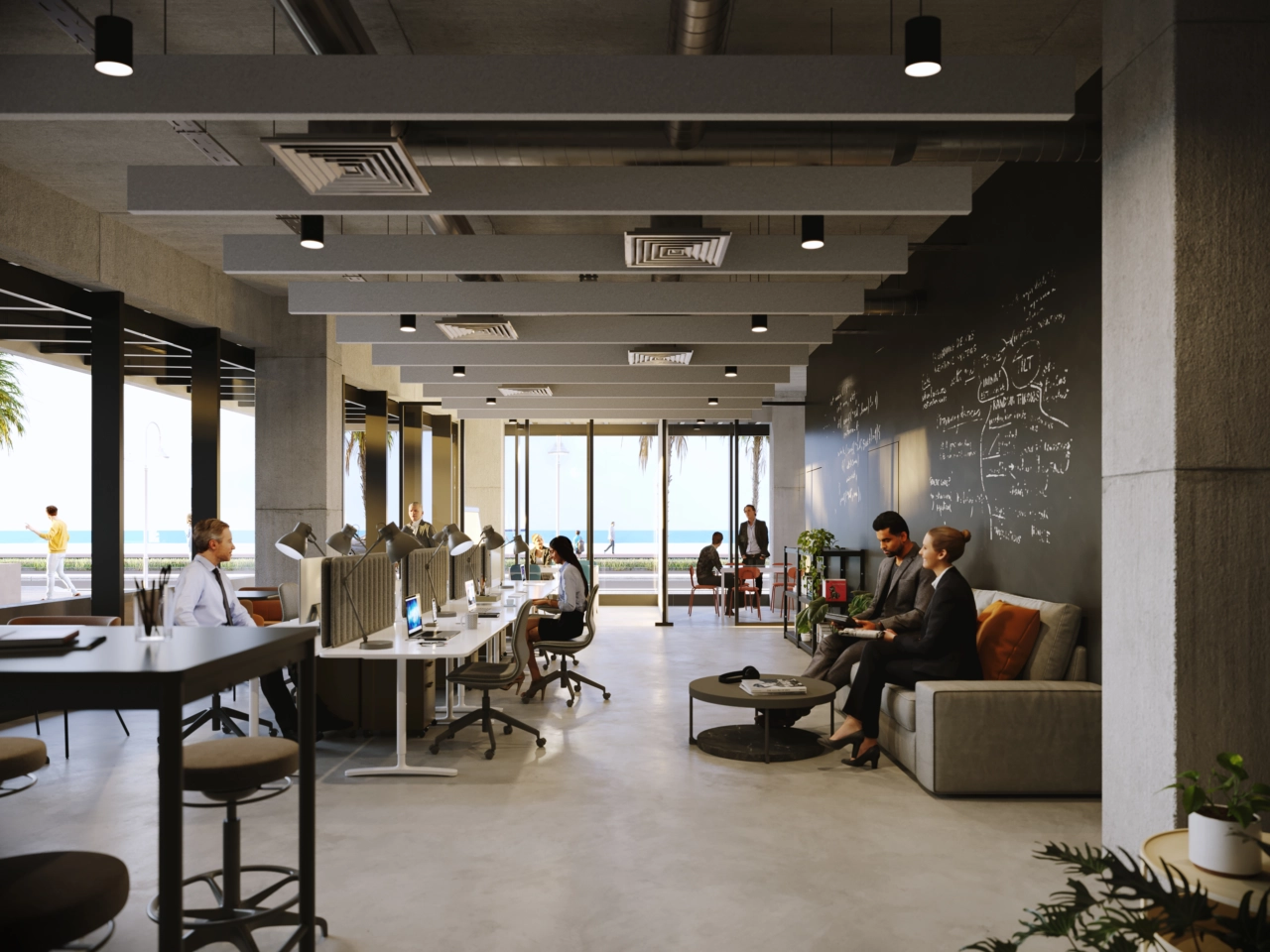 Een moderne co-workingruimte waar bewoners comfortabel kunnen werken of vergaderen.