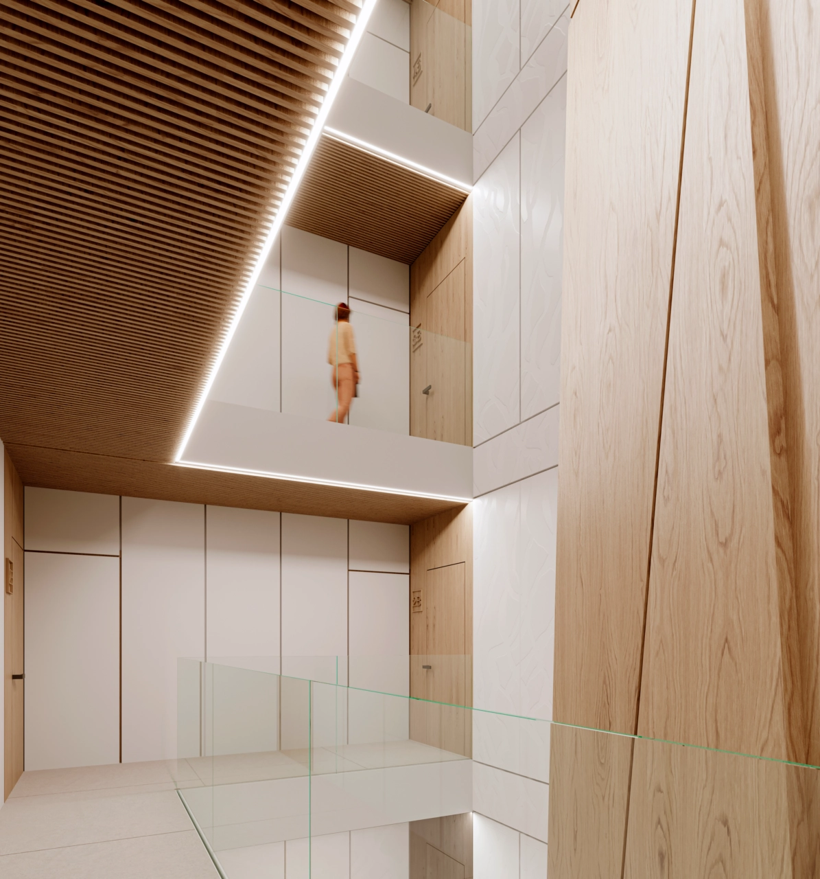 Het atrium van het gebouw is voorzien van prachtig hout en natuurlijk licht.