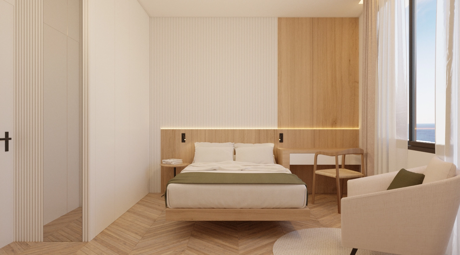 Een comfortabele en stijlvolle slaapkamer, ontworpen voor rust en ontspanning.