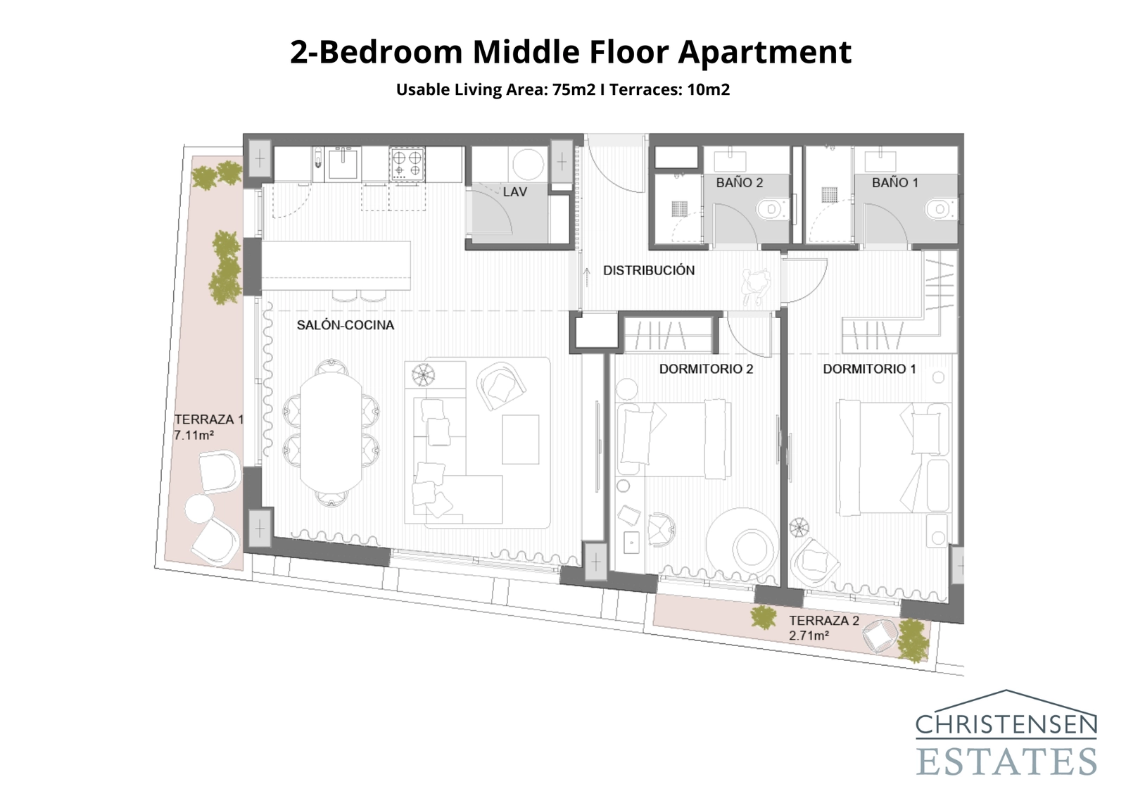 Deze indeling met twee slaapkamers biedt een open woonruimte en twee terrassen, ideaal om te genieten van het kustklimaat.