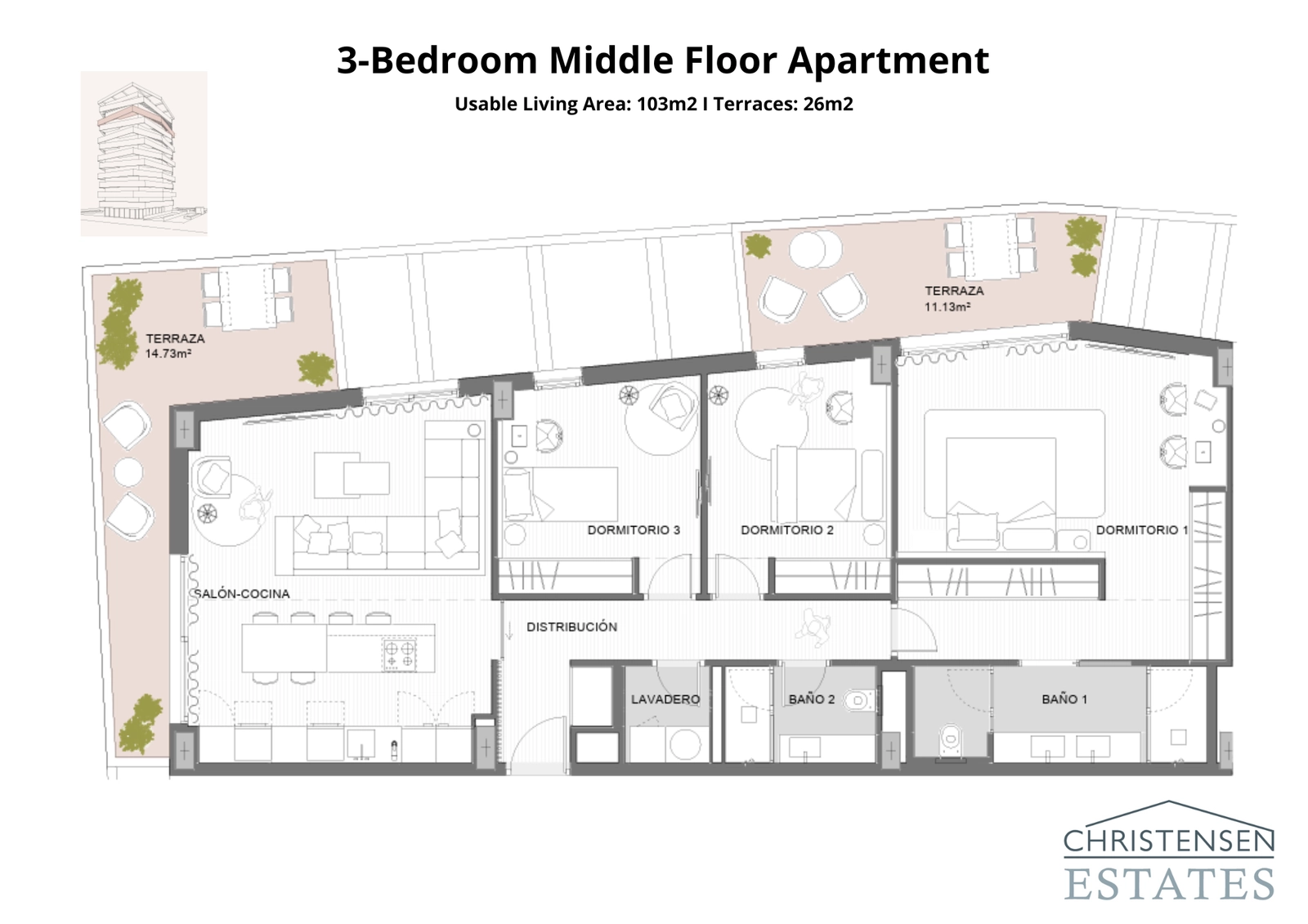 Een ruime woning met drie slaapkamers en royale terrassen, ontworpen voor comfortabel gezinsleven en entertainment.