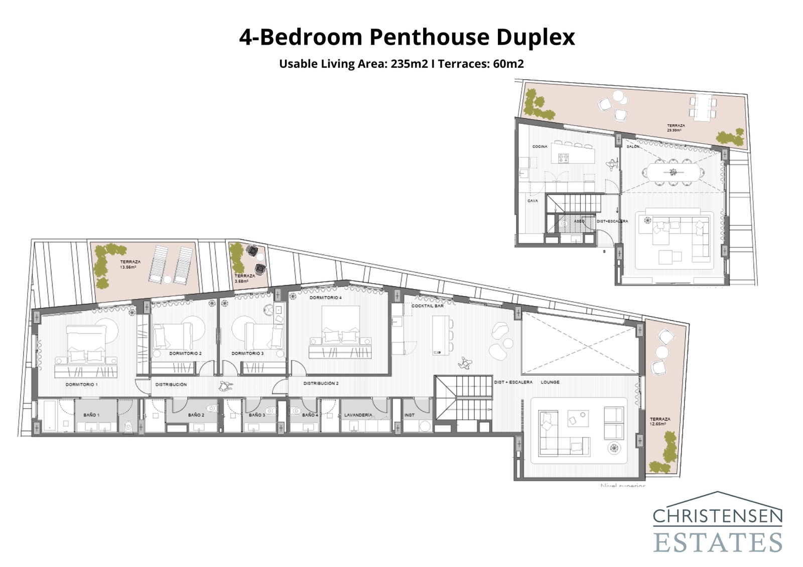 Het royale duplex penthouse met vier slaapkamers biedt een luxe woonervaring over twee verdiepingen met meerdere buitenruimtes.