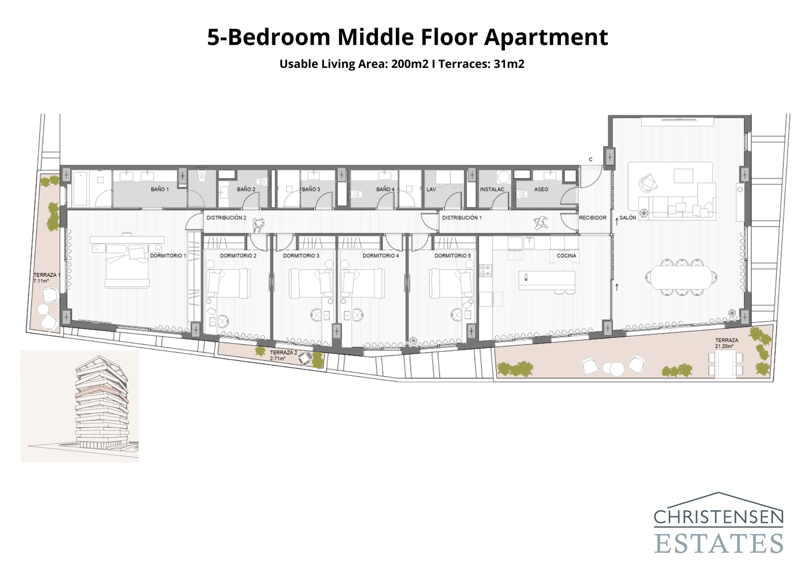 Deze grote residentie met vijf slaapkamers biedt uitgebreide ruimte en een doordachte indeling voor ultiem comfort en privacy.