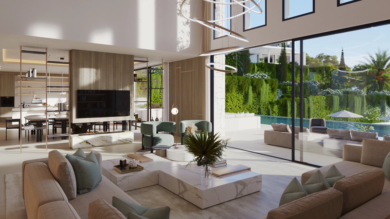 Torenhoge plafonds met dubbele hoogte en enorme ramen overspoelen de interieurs met natuurlijk licht en vergroten het gevoel van ruimte.