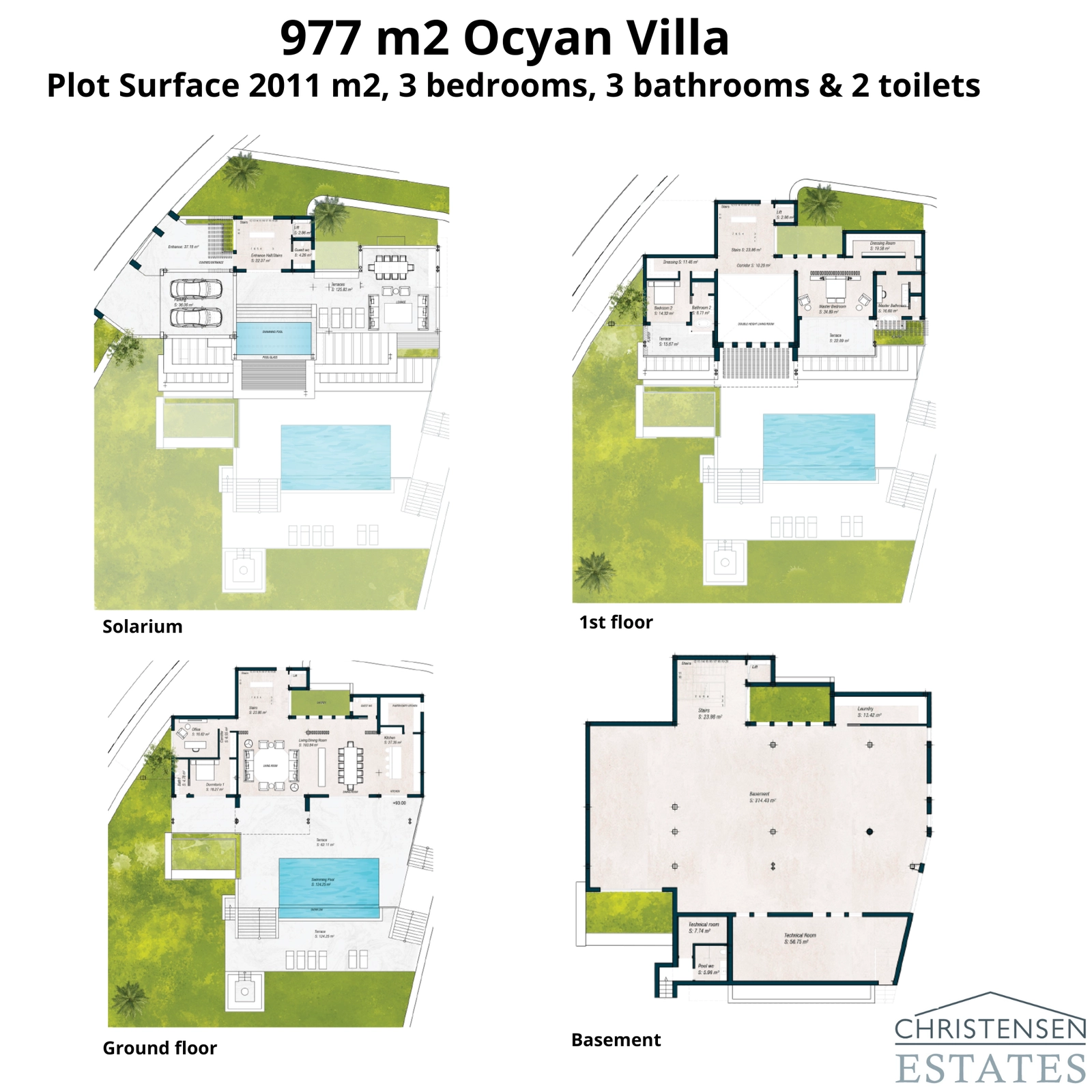 De royale villa van 977 m² op een perceel van 2011 m². Deze gedetailleerde plattegronden tonen het uitzonderlijke ontwerp en de aanpassingsmogelijkheden.
