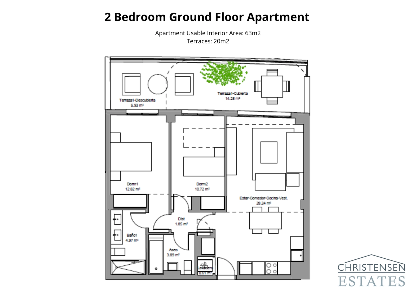 Deze efficiënte indeling van een gelijkvloers appartement met twee slaapkamers omvat een privéterras voor ontspannen buitenleven.
