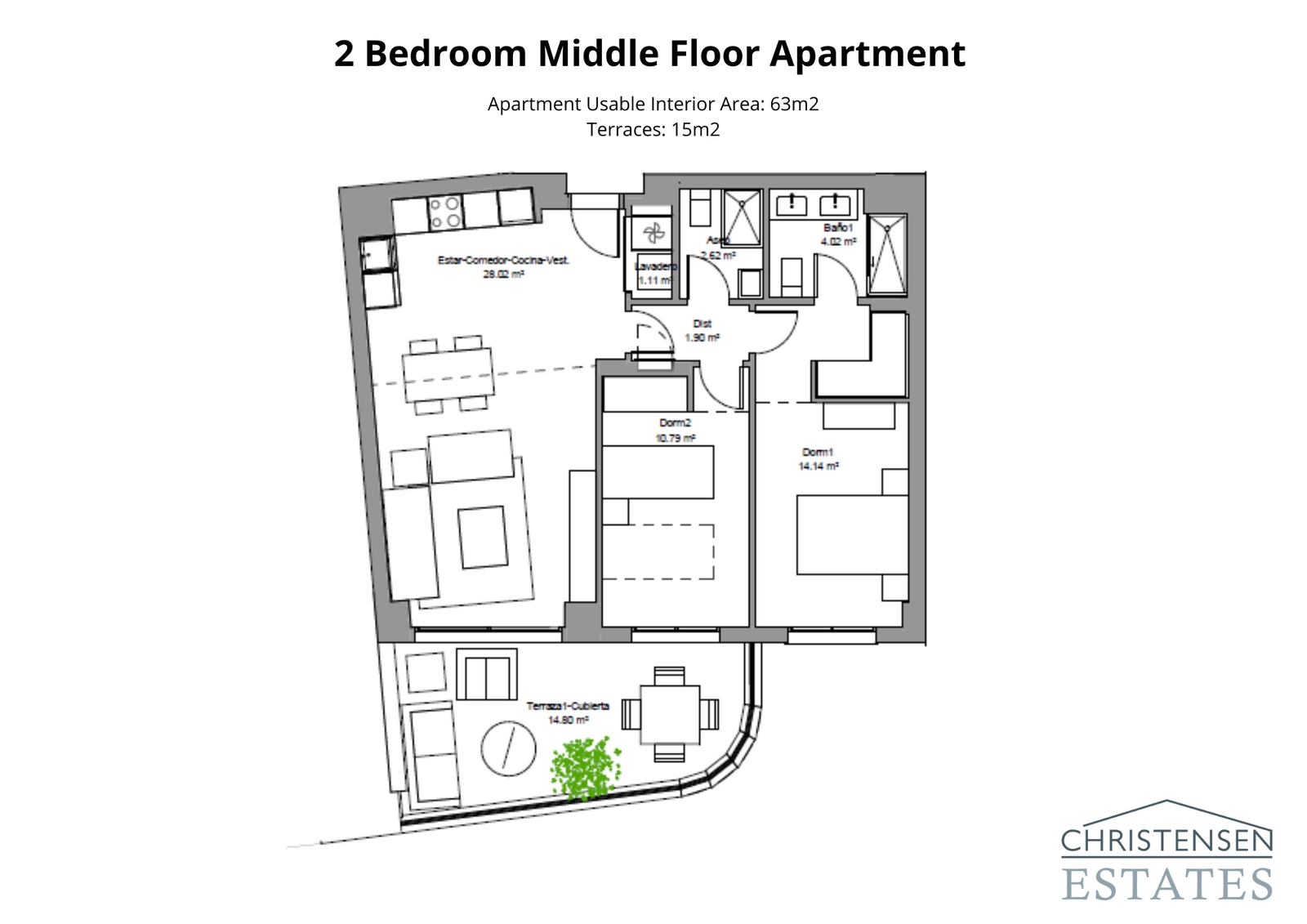Een goed ontworpen appartement met twee slaapkamers, met een slim gebruik van ruimte, dat de woonkamer verbindt met een royaal terras.