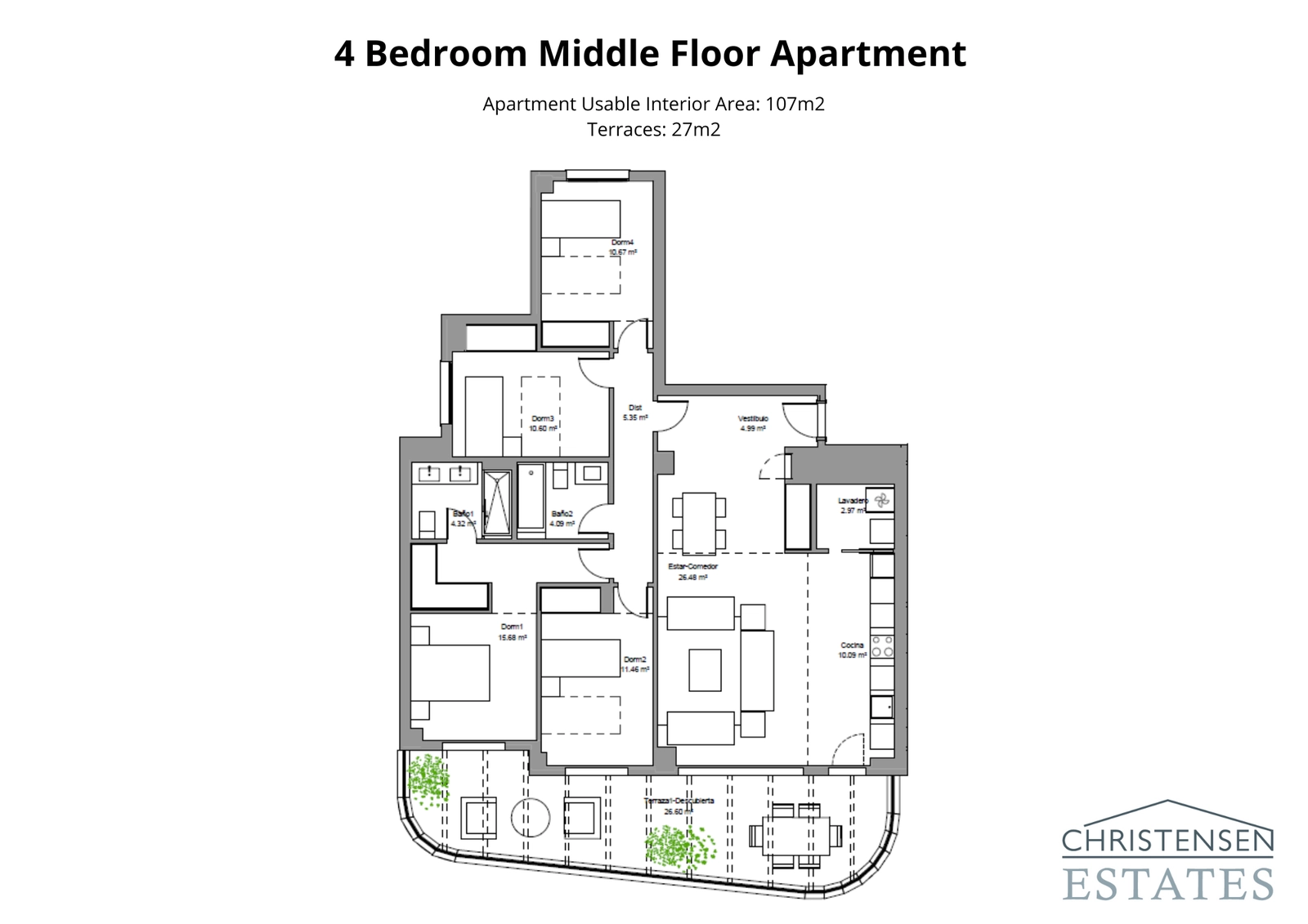 Een uitgebreide indeling met vier slaapkamers die voldoende ruimte biedt voor comfort en een naadloze overgang naar het buitenterras.