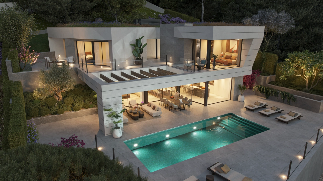 Een avondbeeld van de villa, waar elegante verlichting een warme en uitnodigende sfeer creëert.