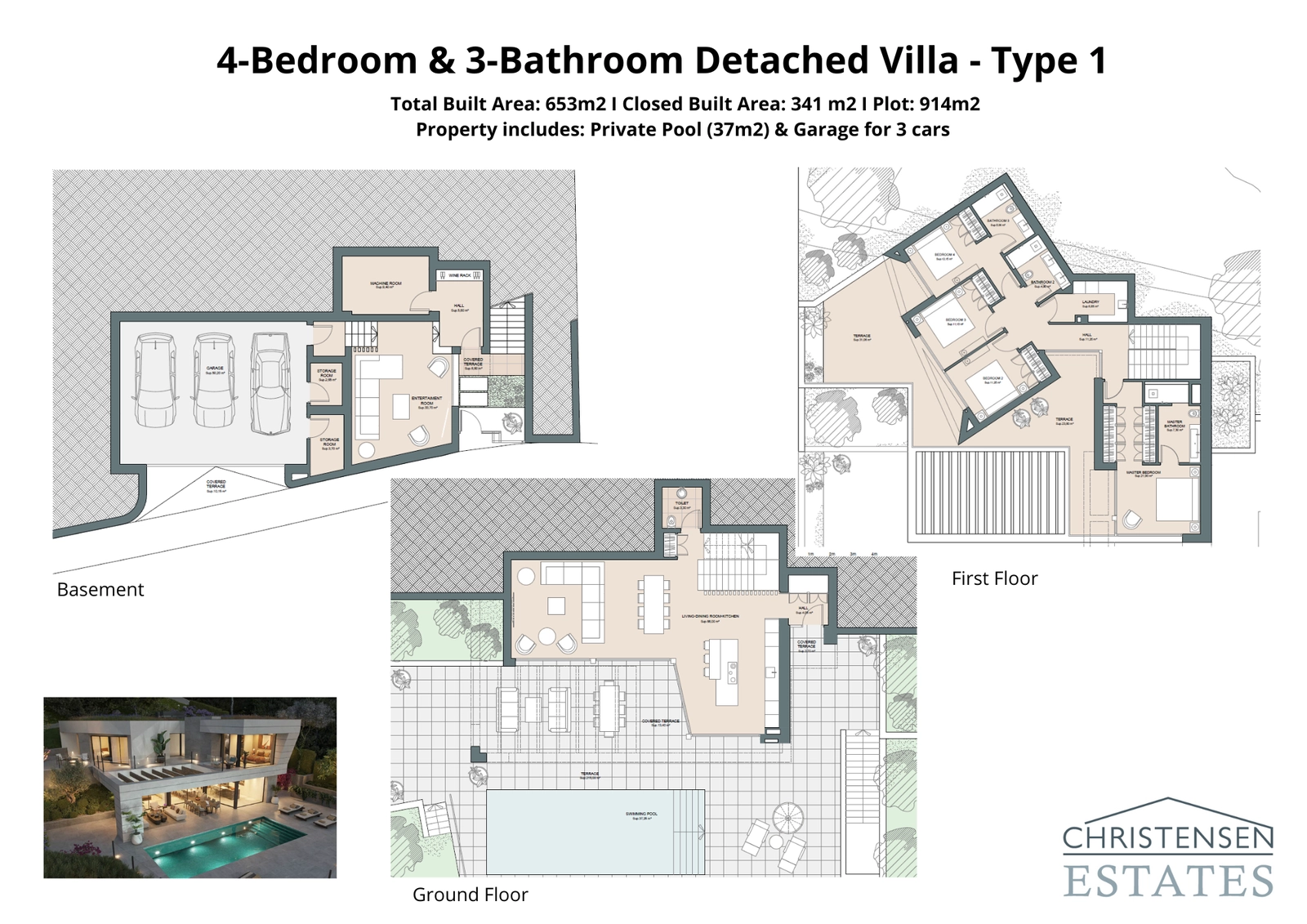 Deze villa met vier slaapkamers beschikt over een ruime kelder met een garage voor drie auto's en een entertainmentruimte. De begane grond komt direct uit op het grote terras en het zwembad, wat zorgt voor een perfecte overgang tussen binnen- en buitenleven.