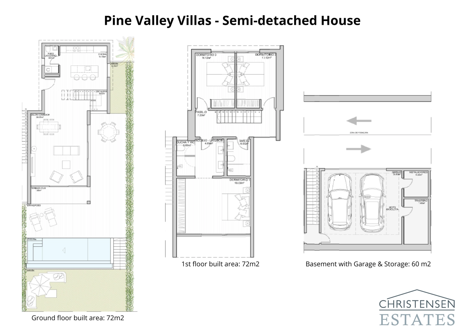 De plattegrond voor de twee-onder-een-kapwoning toont een intelligente indeling van de ruimte, die de open begane grond verbindt met de privé-slaapkamers boven en de praktische keldergarage.