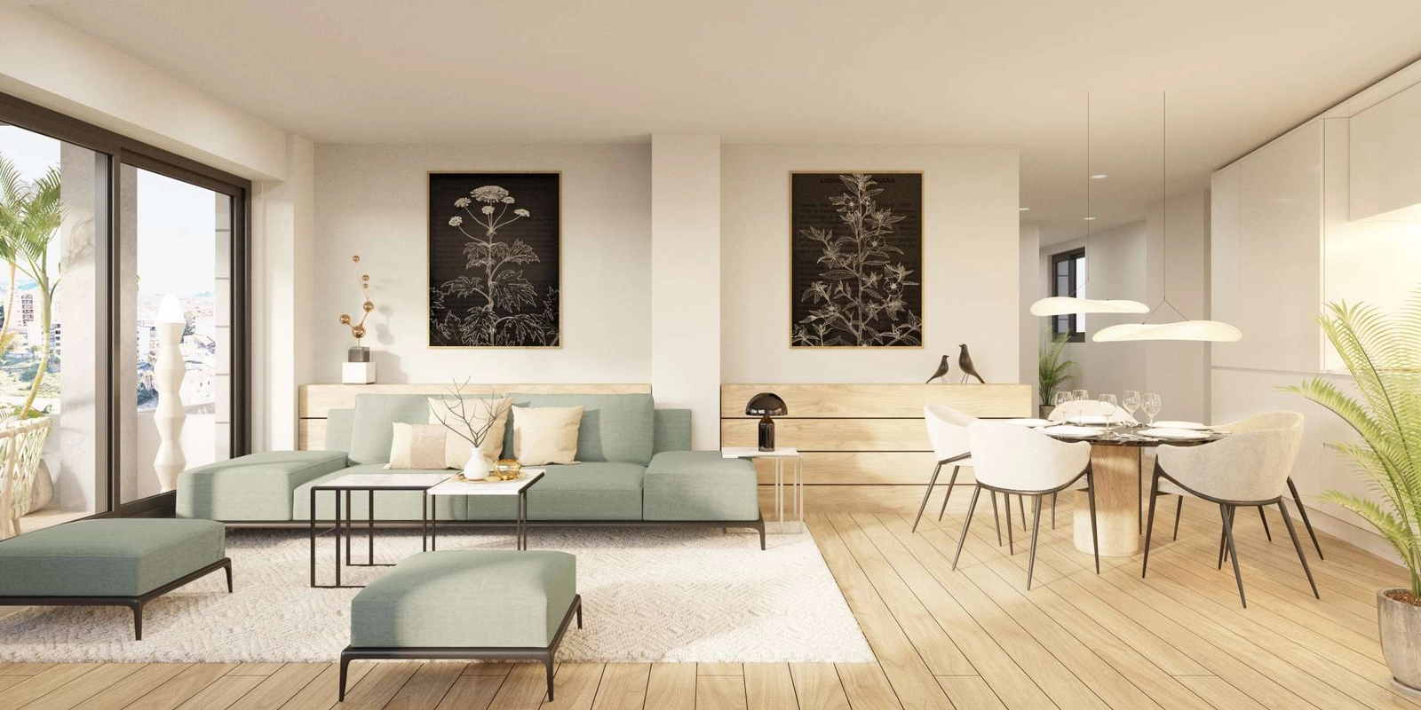 Een elegante en lichte open woon- en eetkamer, ontworpen voor modern comfort en stijl.