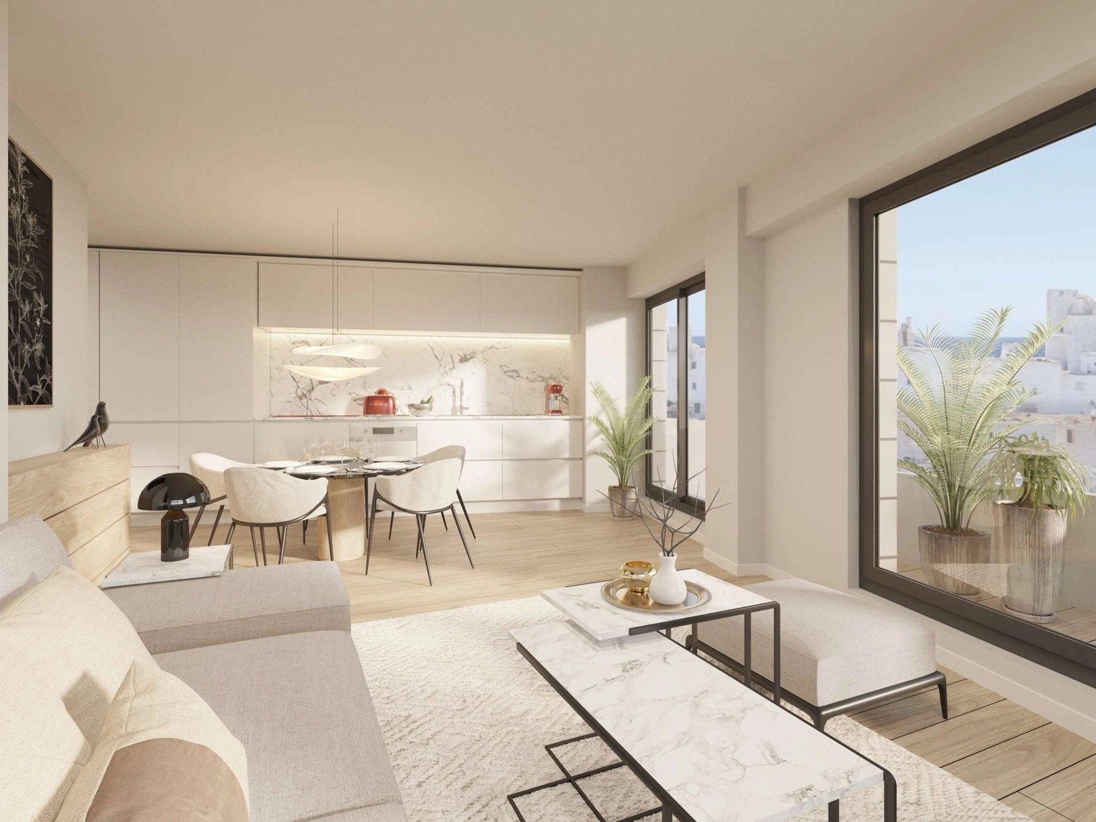 De moderne keuken is naadloos geïntegreerd in de woonruimte en voorzien van hoogwaardige apparatuur en afwerkingen.