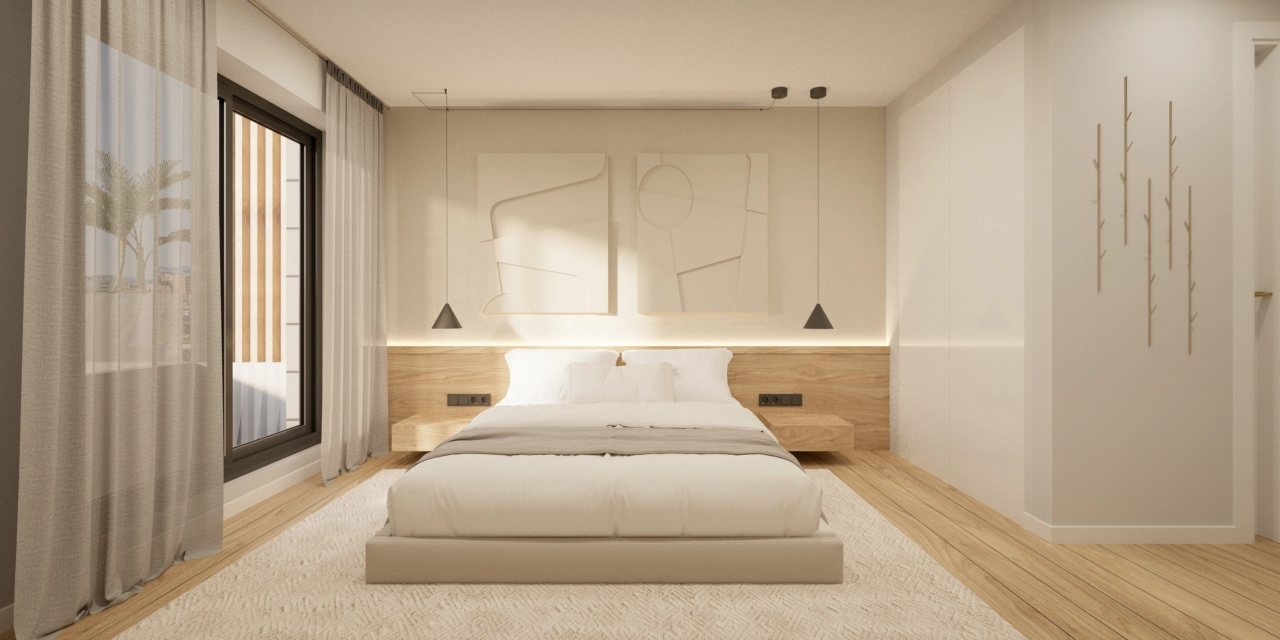 Een rustige hoofdslaapkamer, ontworpen als een vredig toevluchtsoord, met strakke lijnen en een warme sfeer.