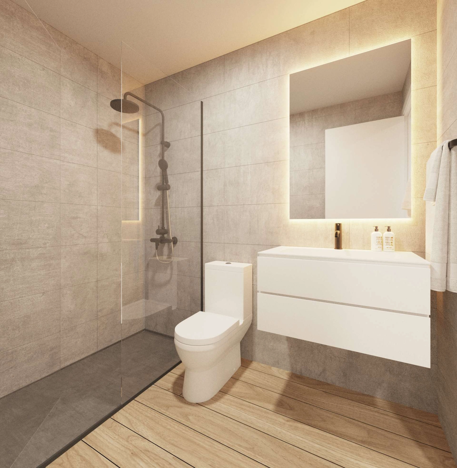 Een eigentijdse badkamer met hoogwaardige materialen, een inloopdouche en een stijlvol design.