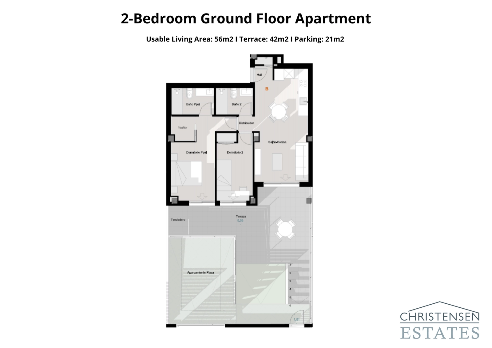 Plattegrond voor een tweekamerappartement op de begane grond, met een ruim terras en directe toegang tot buitenruimtes.