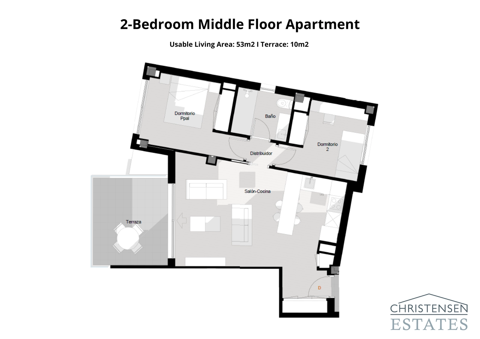 Deze plattegrond van een tweekamerappartement heeft een efficiënt ontwerp, waarbij de woon-, eet- en keukenruimtes gecombineerd zijn met een privé terras.