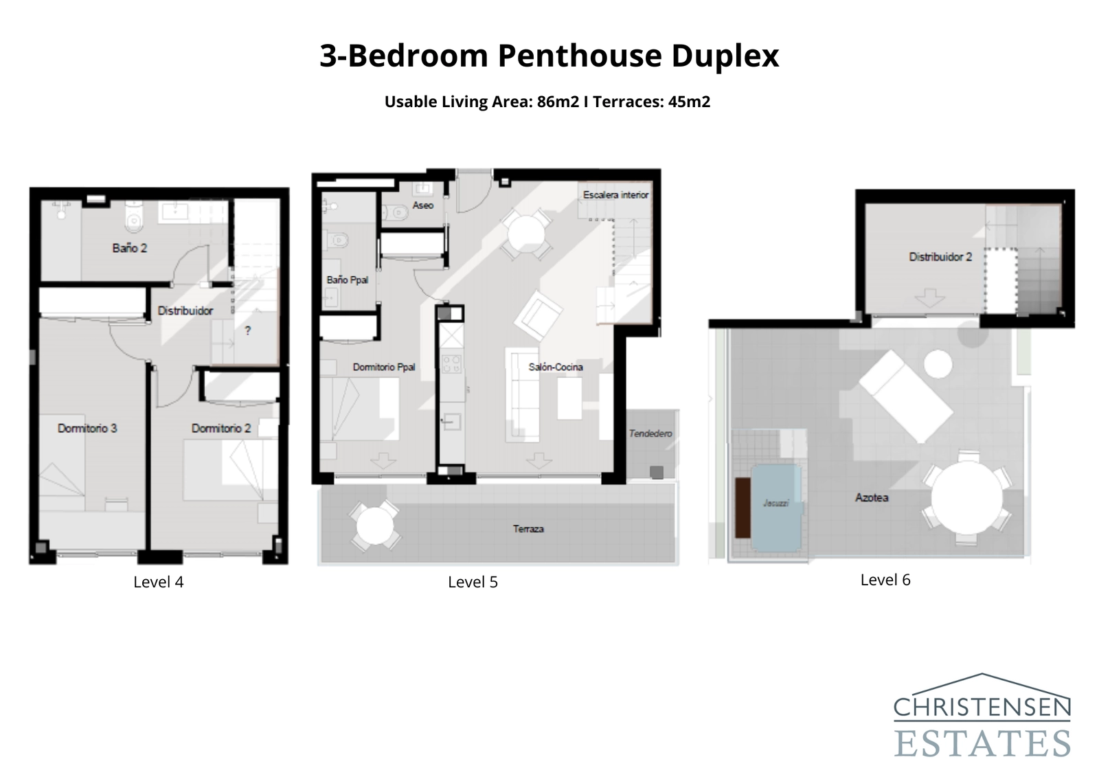 De indeling van een driekamer-duplex-penthouse, met meerdere woonniveaus en uitgebreide terrassen voor een exclusieve levensstijl.