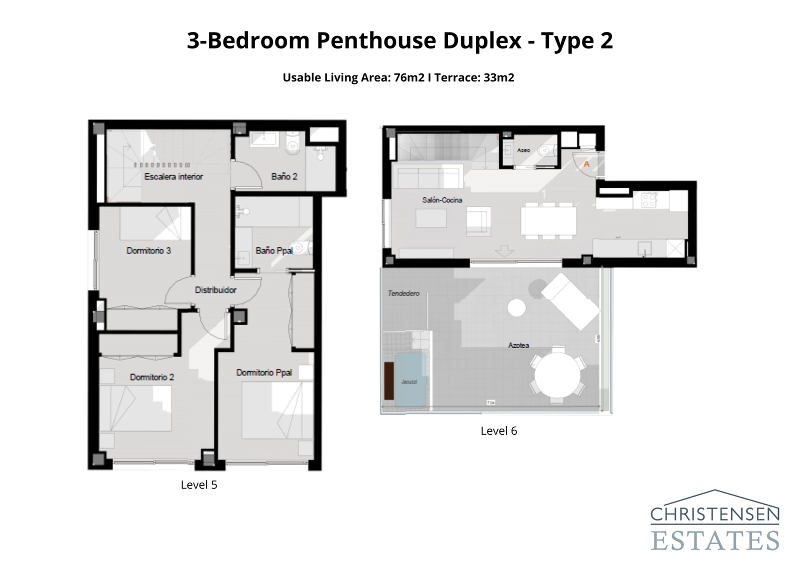 Een alternatieve plattegrond van een driekamer-duplex-penthouse, ontworpen voor optimaal comfort met een dakterras/solarium en een jacuzzi.