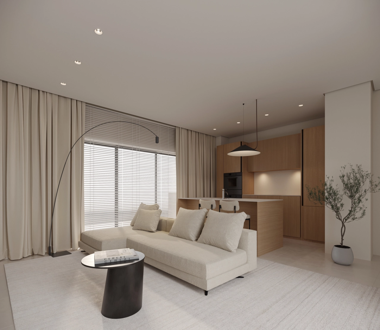 Een stijlvolle woonkamer en keuken, waar strakke lijnen en natuurlijke materialen een warme, uitnodigende sfeer creëren.