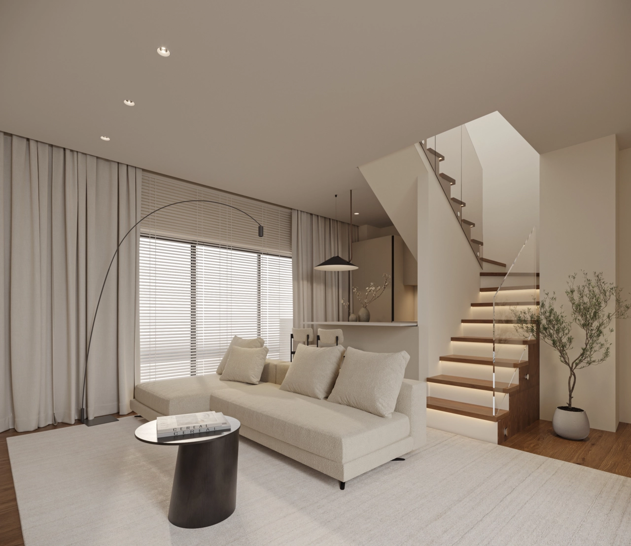 Elegante dubbele woonruimte met een moderne trap, die functionaliteit combineert met een verfijnd design.