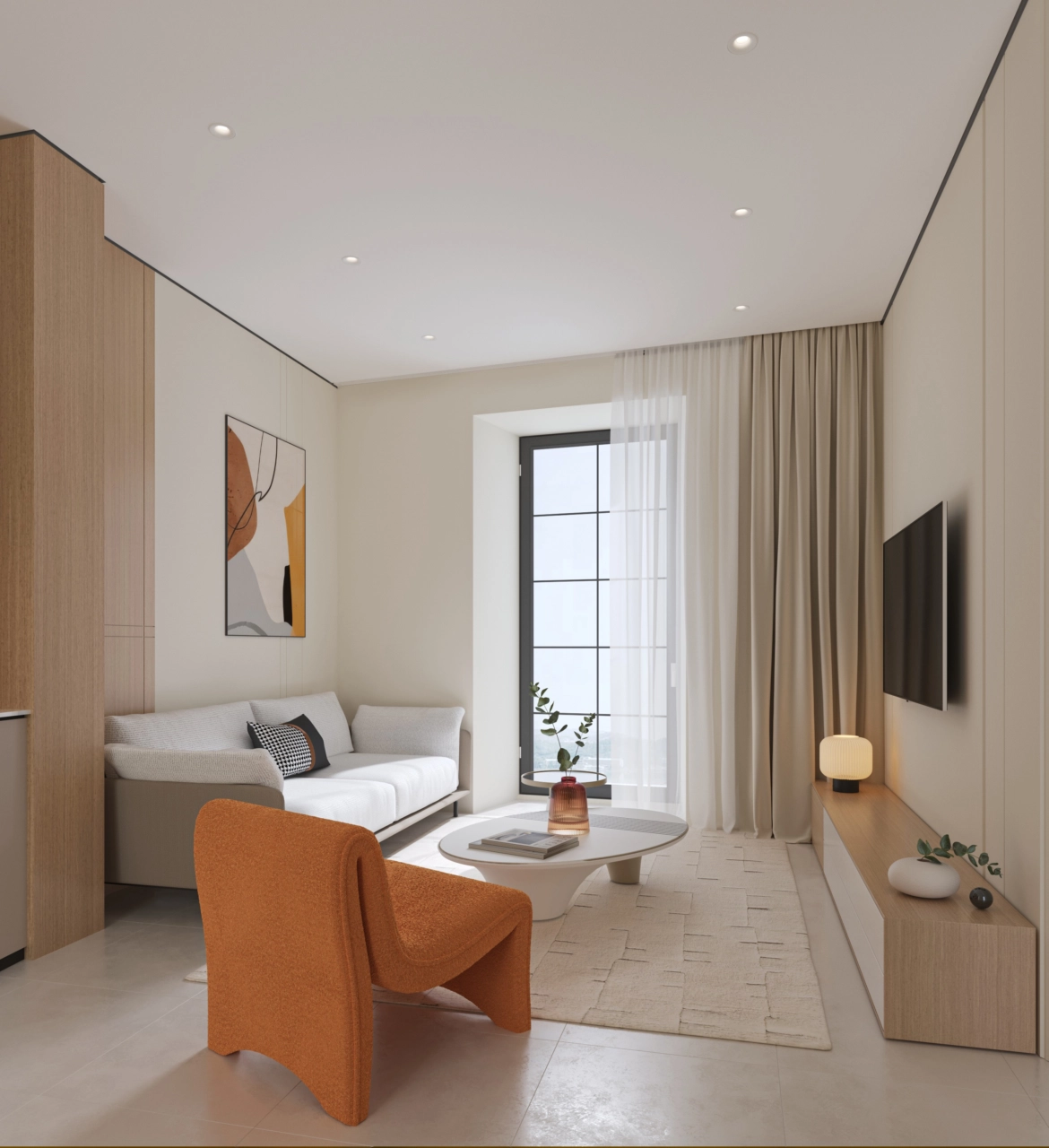 Een comfortabele en eigentijdse woonruimte gevuld met natuurlijk licht, perfect om te ontspannen.