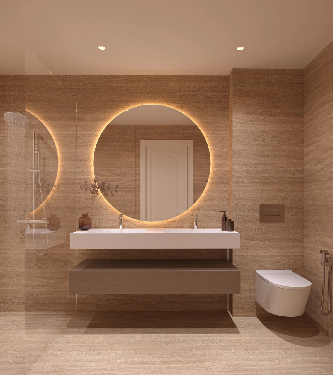 Een luxueuze badkamer met hoogwaardige afwerkingen, verlichte spiegels en een ruime inloopdouche.