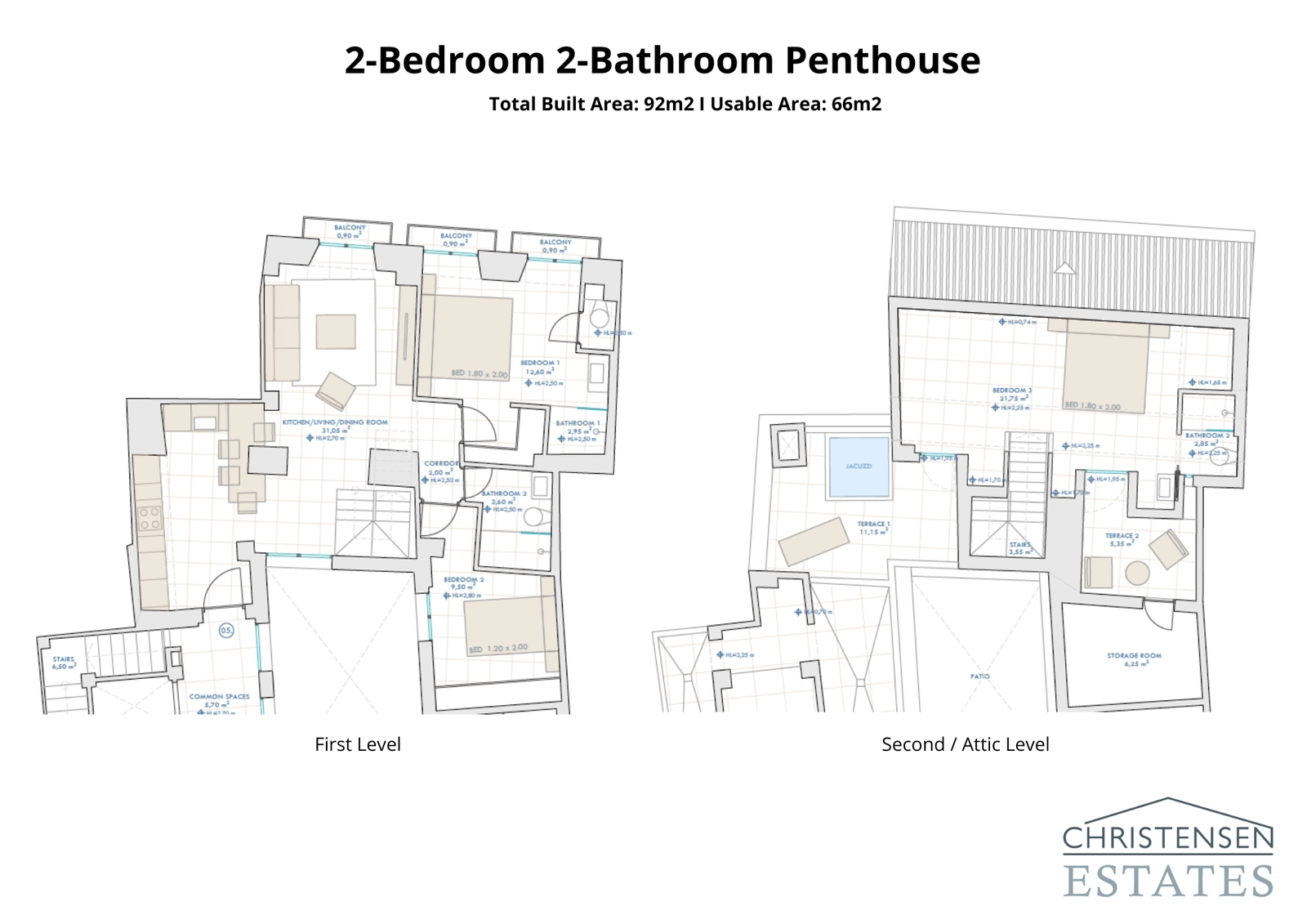 Plattegrond van het penthouse appartement met twee verdiepingen. Dit ontwerp biedt ruime woonruimtes en privé terrassen.