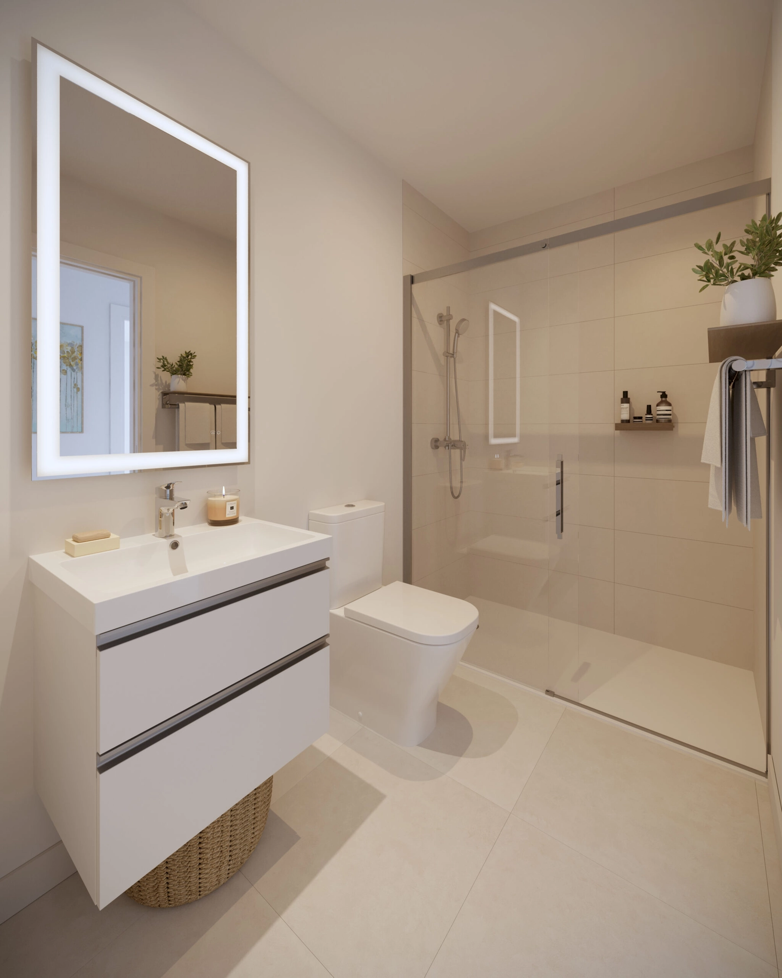 Een eigentijdse badkamer met hoogwaardige armaturen en een strak, fris design.