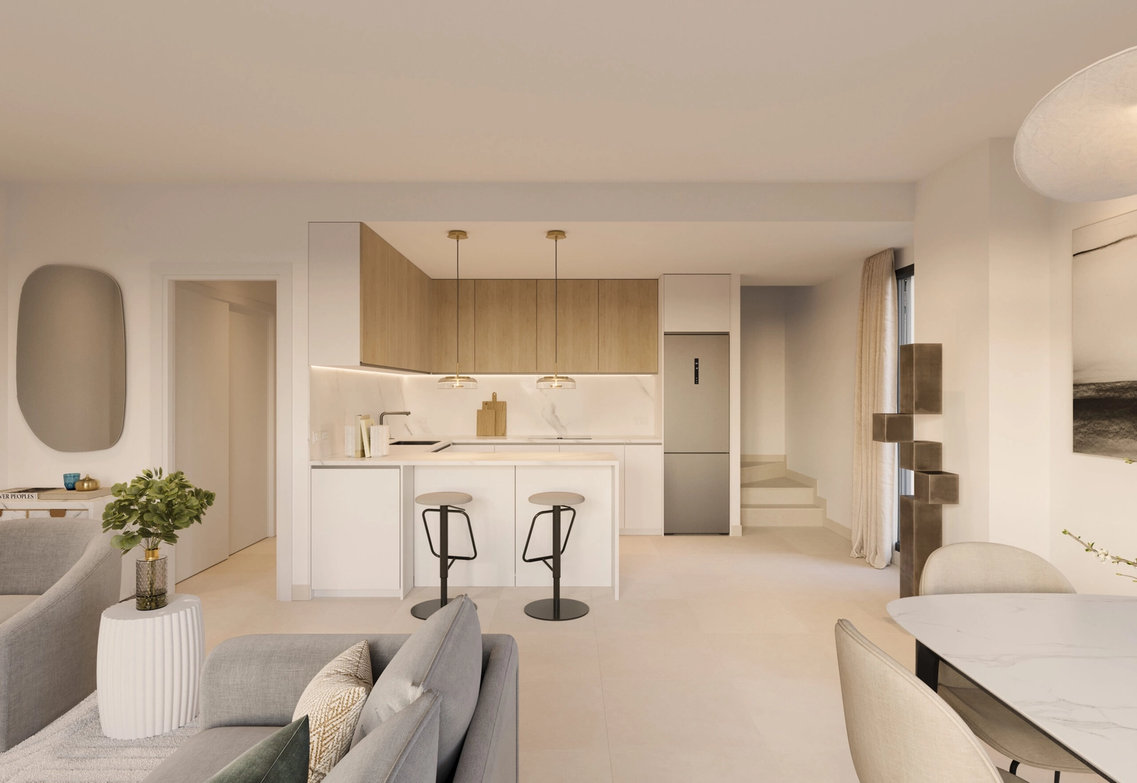 Een moderne, volledig uitgeruste keuken die zowel functioneel als prachtig ontworpen is.