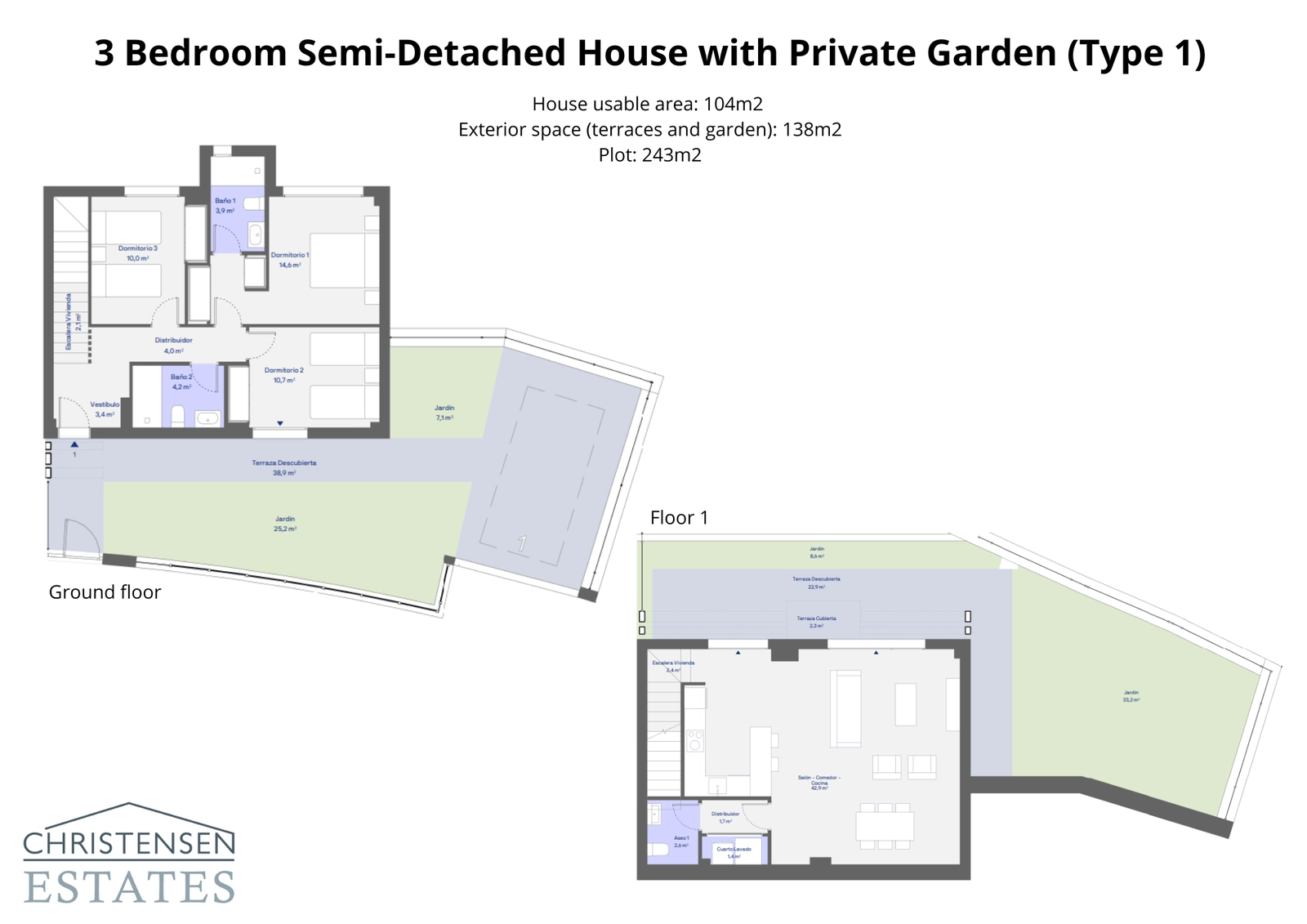 Deze plattegrond van een woning met drie slaapkamers toont een functioneel ontwerp met twee verdiepingen, dat ruime interieurs verbindt met een royaal terras en tuin voor een perfect binnen-buitenleven.