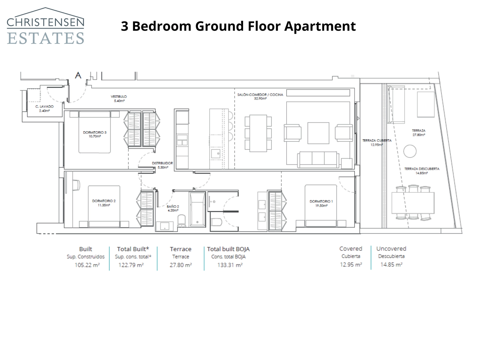 Deze indeling van een appartement met drie slaapkamers op de begane grond toont ruime interieurs die uitkomen op een royaal terras en tuingedeelte.