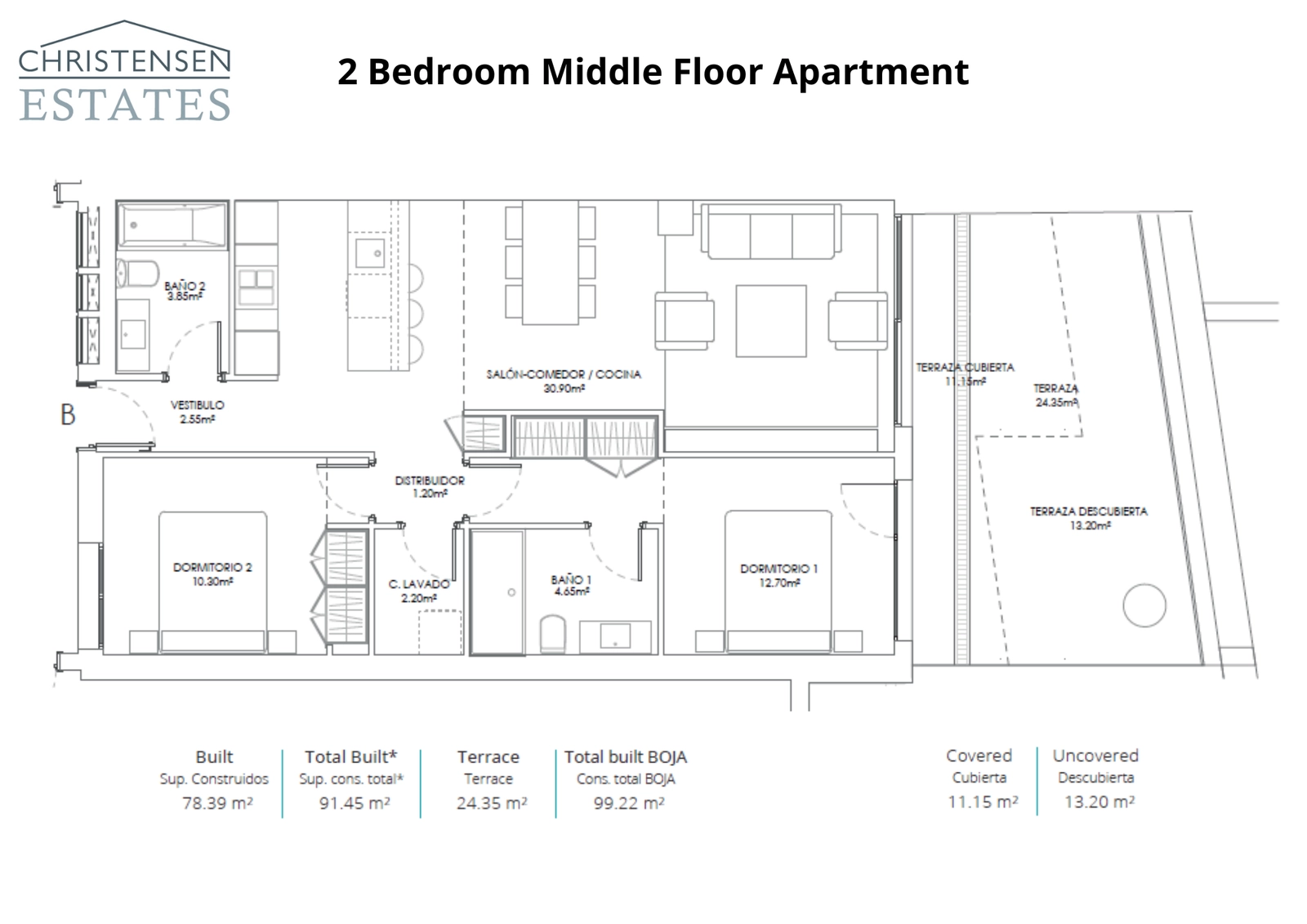 De goed ontworpen plattegrond voor een appartement met twee slaapkamers, voorzien van een open woonruimte en een groot, zonnig terras.