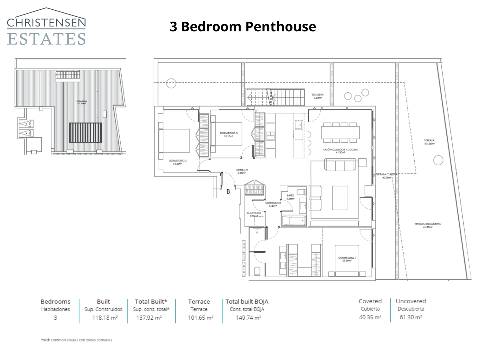 Een uitzonderlijke indeling van een penthouse met drie slaapkamers, compleet met een uitgestrekt dakterras/solarium voor het ultieme buitenleven.