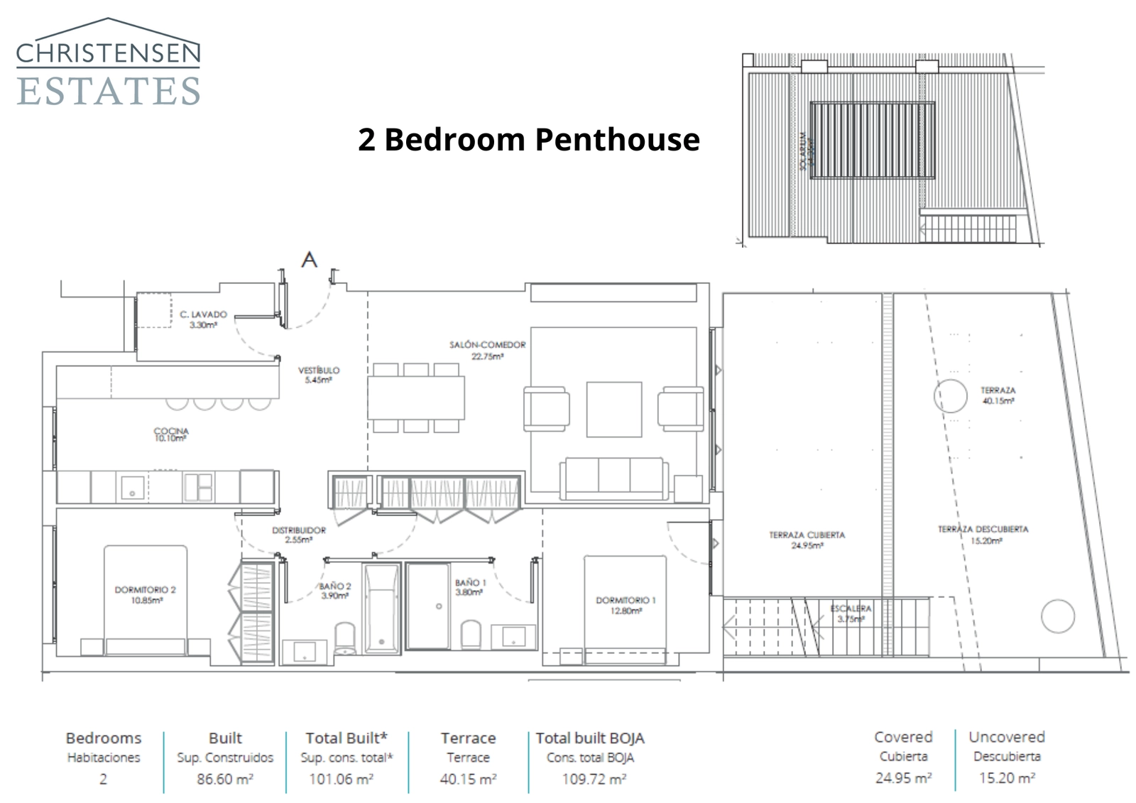 Deze plattegrond van een penthouse met twee slaapkamers benadrukt het grote terras en privé solarium, met een ongelooflijk uitzicht op zee.
