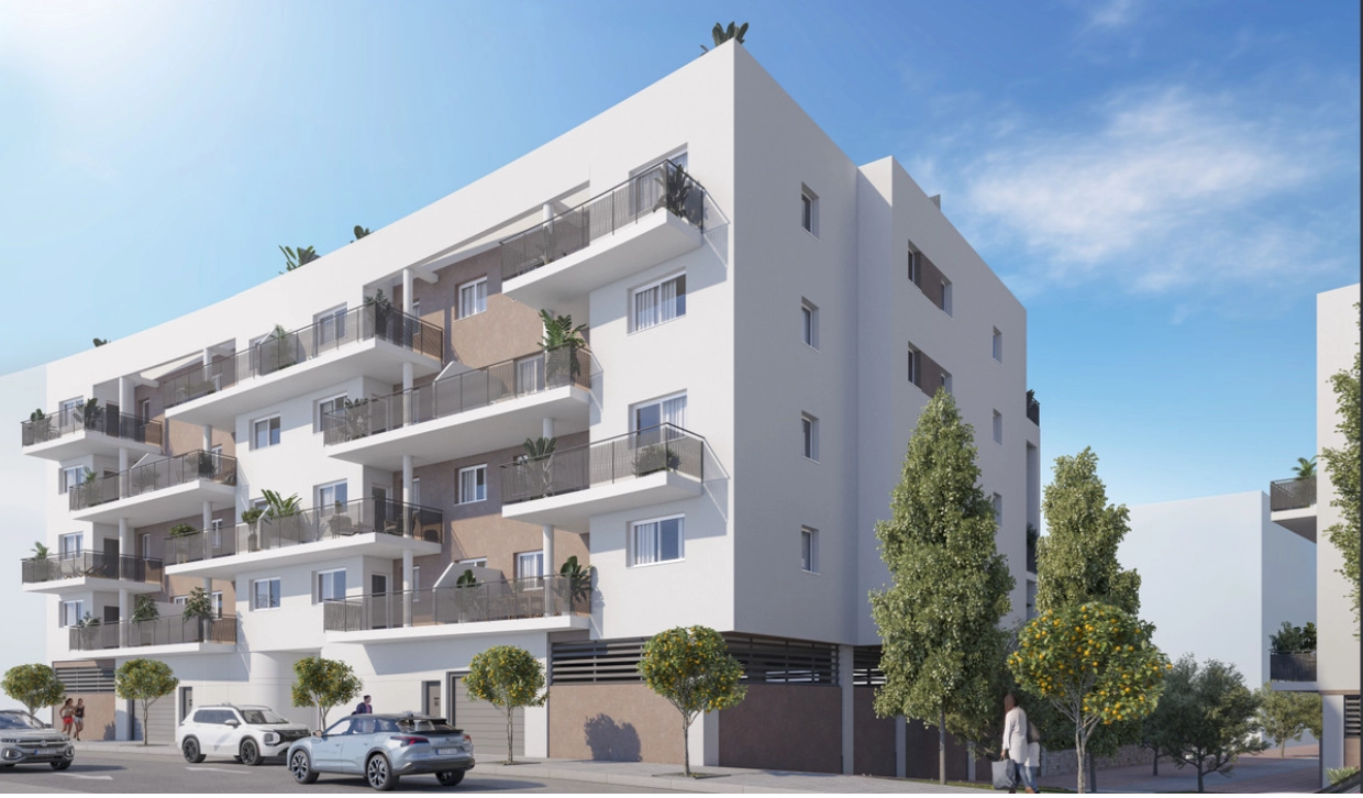 Een uitzicht op het moderne architectonische ontwerp van Los Olivos Residencial, een nieuwe blikvanger in Vélez-Málaga.