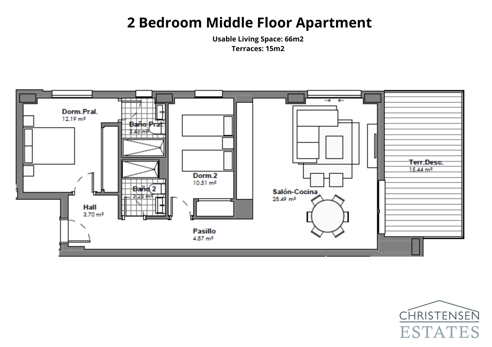 Deze indeling met twee slaapkamers toont een slim ontwerp met een open woonruimte die aansluit op een ruim privé terras.