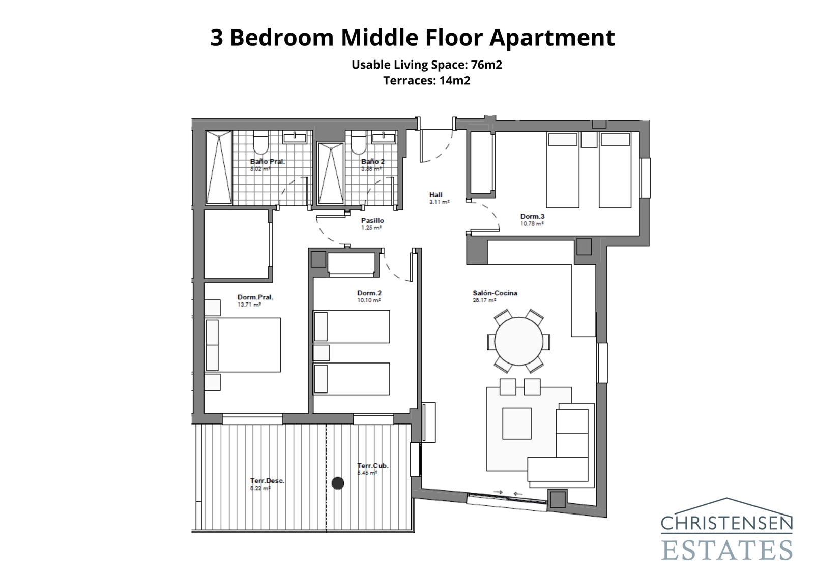 Een ruim appartement met drie slaapkamers, doordacht ontworpen voor familiecomfort met een goed gedefinieerde woonruimte die uitkomt op een terras.
